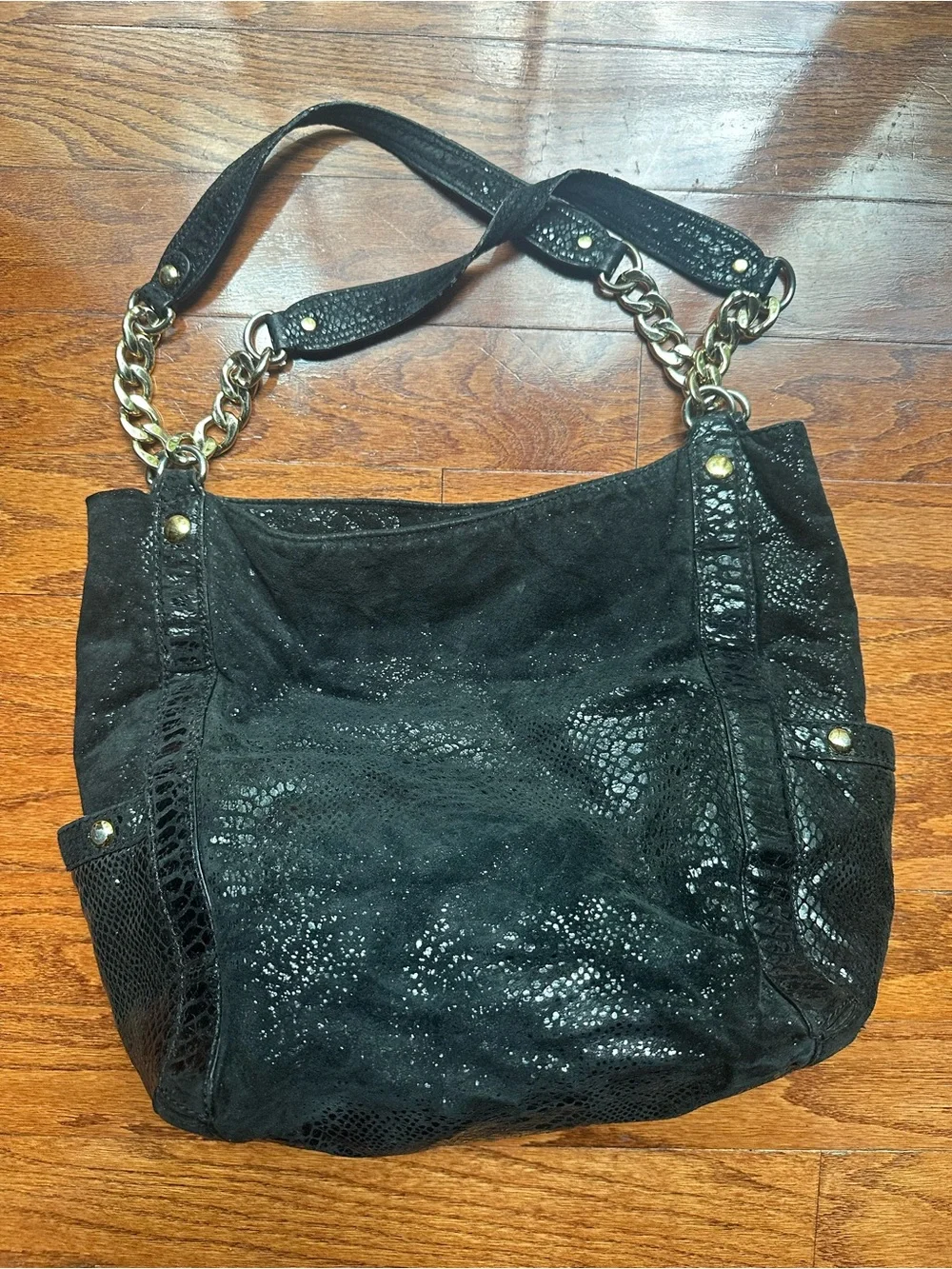 Michael Kors Black Snake-Texture Shoulder Bag with Gold Chain Straps